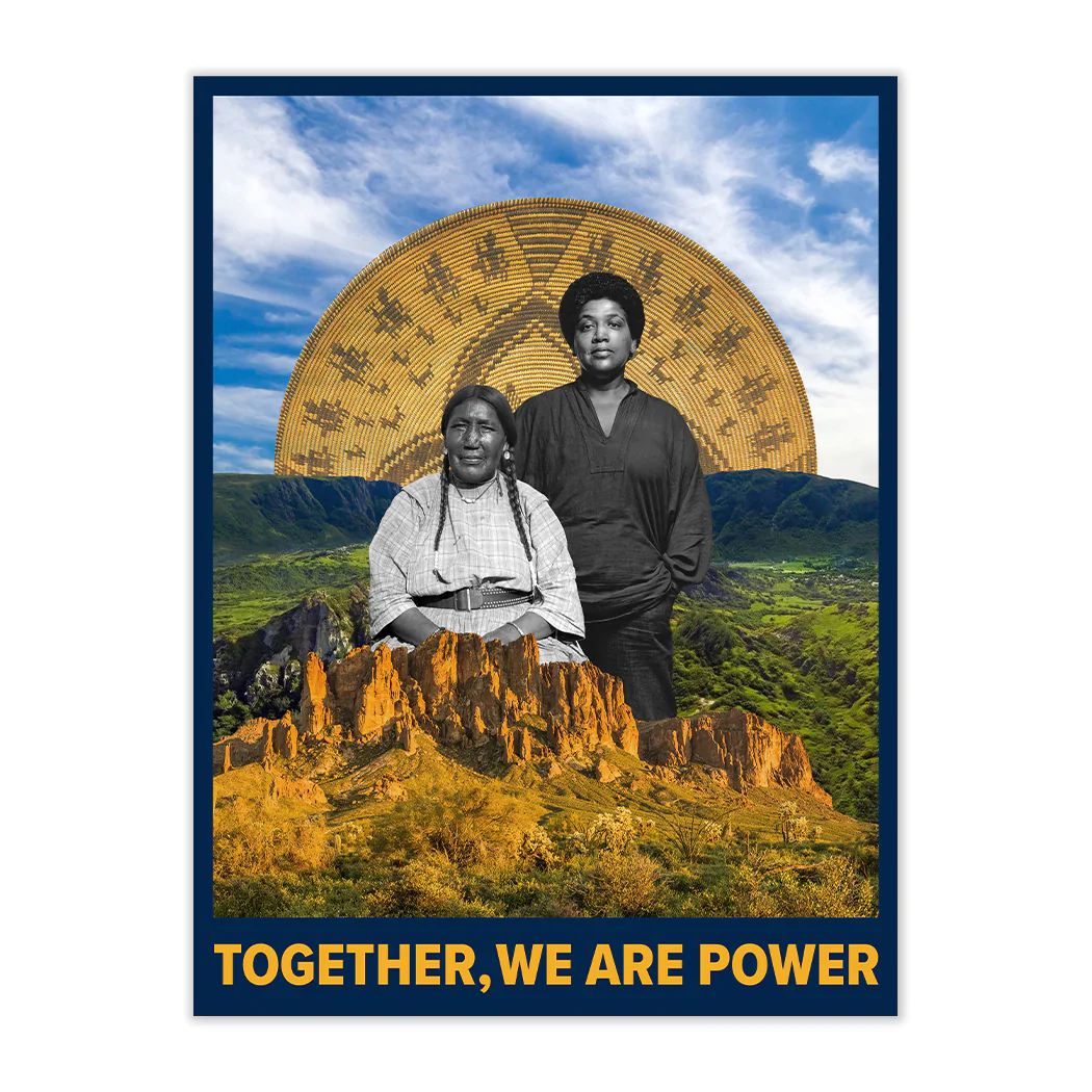 graphic poster of two figures, a native american woman standing with a black woman