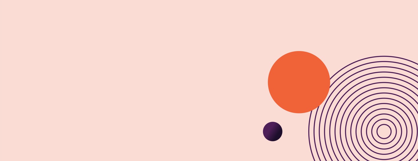 Banner with orange background and purple circles